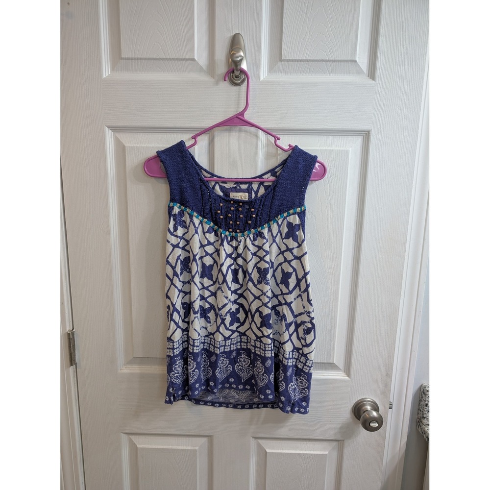 Meadow Rue Anthropologie Blue White Geometric Beaded Knit Tank Top - Size L